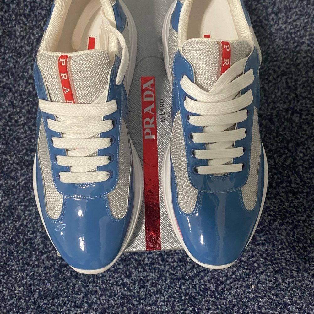Prada Men's Sky Blue and White Sneakers